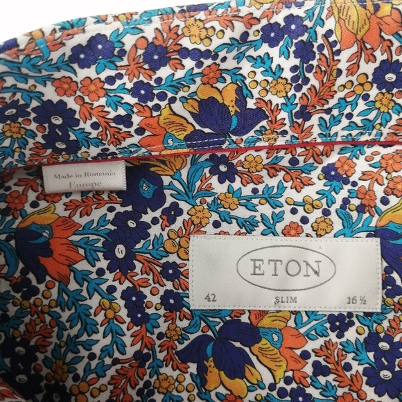 Eton Men's Slim Fit Floral Dress Shirt Orange Blue White 16.5 - Picture 12 of 17